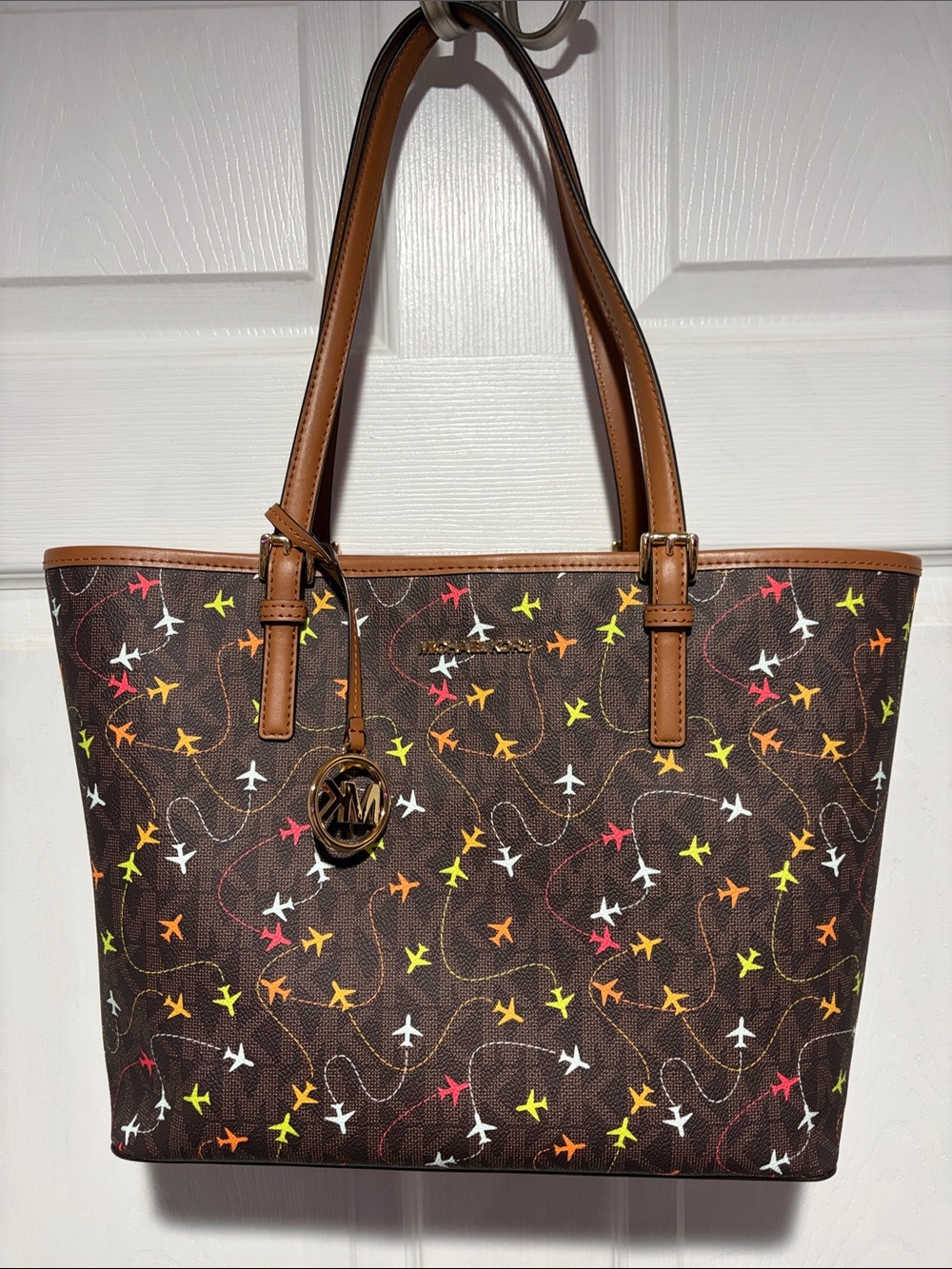 Michael Kors Brown Jet Set Carryall Tote with Multicolor Airplane Print